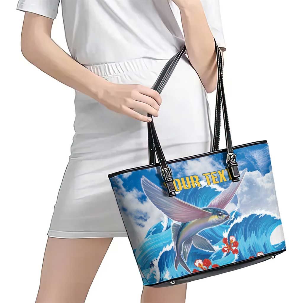 Personalized Barbados Fish Flying Leather Tote Bag With Stormy Sea Wave LT18