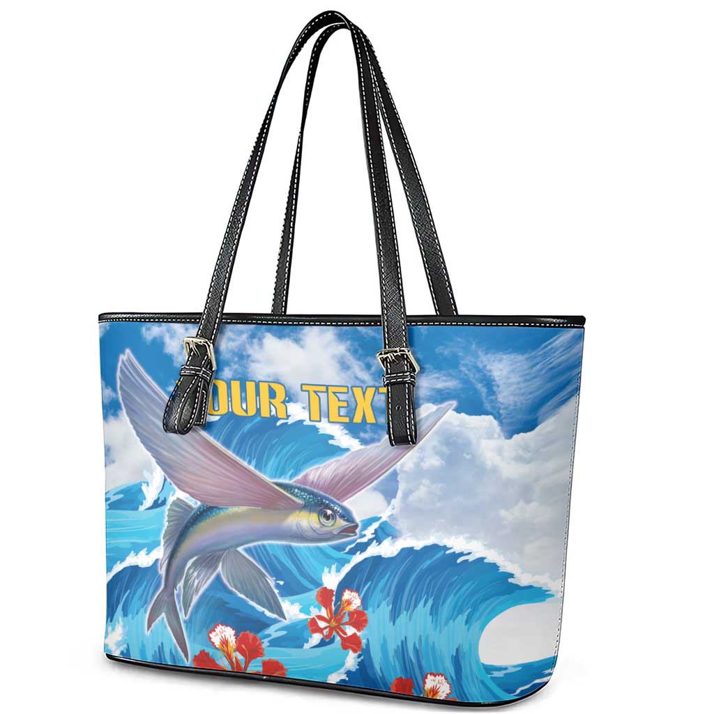 Personalized Barbados Fish Flying Leather Tote Bag With Stormy Sea Wave LT18