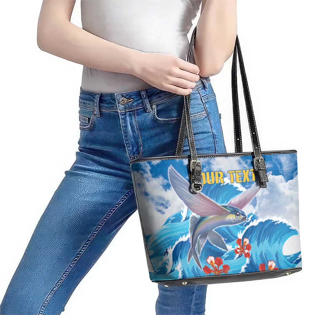 Personalized Barbados Fish Flying Leather Tote Bag With Stormy Sea Wave LT18
