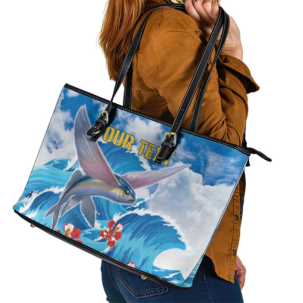 Personalized Barbados Fish Flying Leather Tote Bag With Stormy Sea Wave LT18