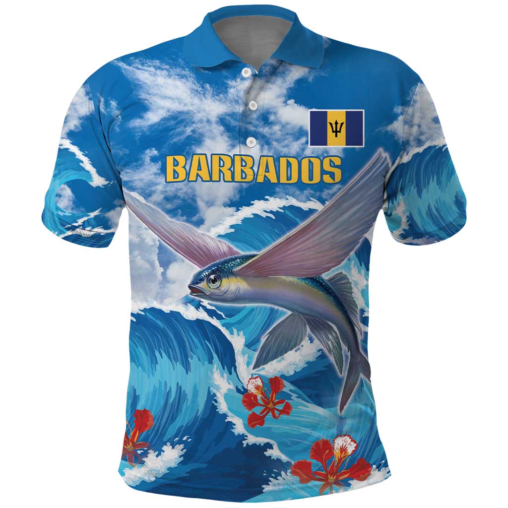 Personalized Barbados Fish Flying Polo Shirt With Stormy Sea Wave LT18
