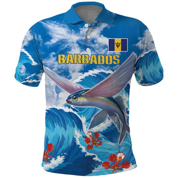 Personalized Barbados Fish Flying Polo Shirt With Stormy Sea Wave LT18
