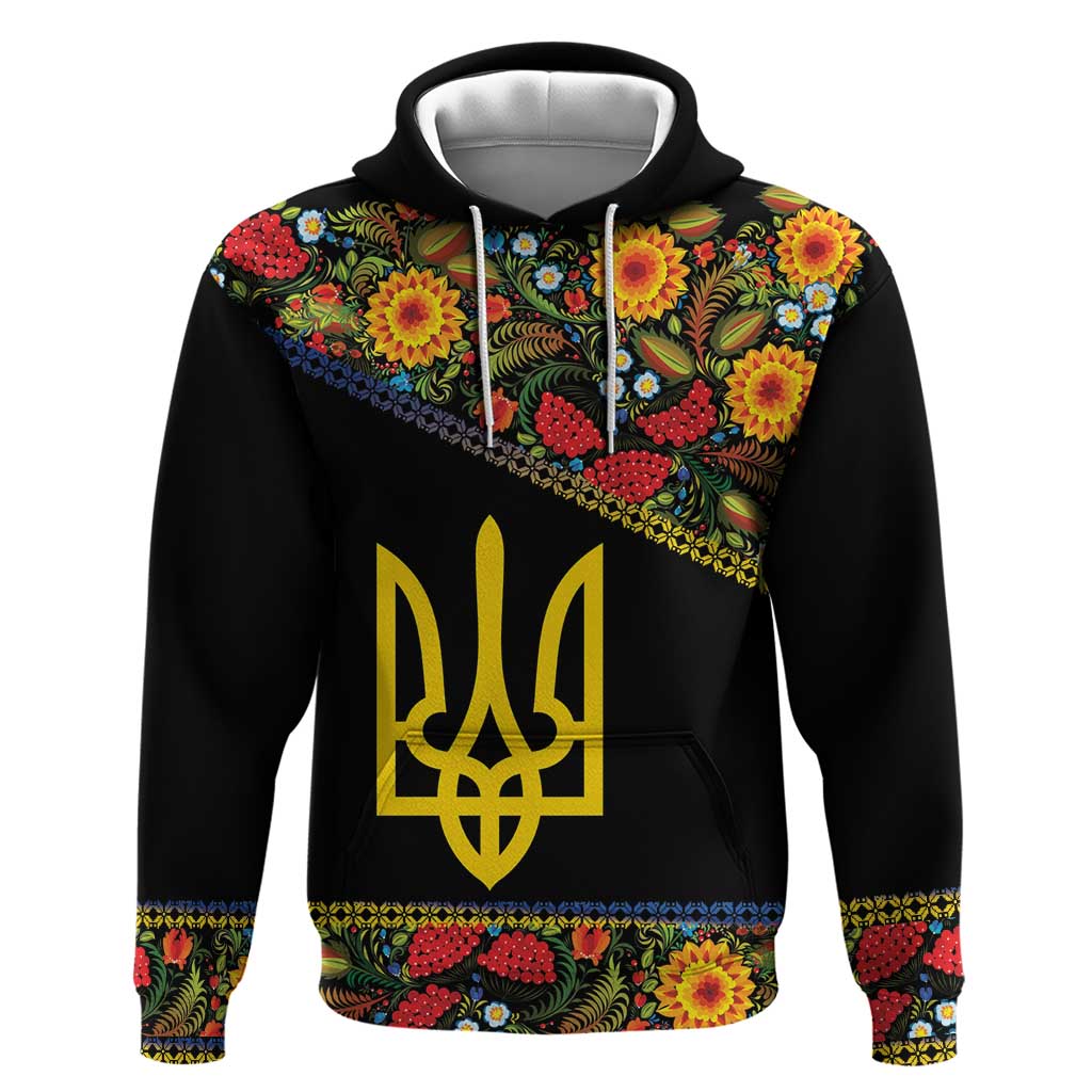 Petrykivka Ukrainian Folk Pattern Hoodie Golden Trident With Map LT18