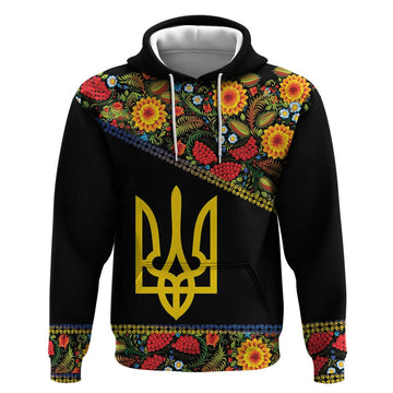 Petrykivka Ukrainian Folk Pattern Hoodie Golden Trident With Map LT18