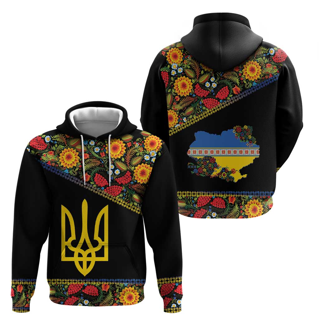 Petrykivka Ukrainian Folk Pattern Hoodie Golden Trident With Map LT18