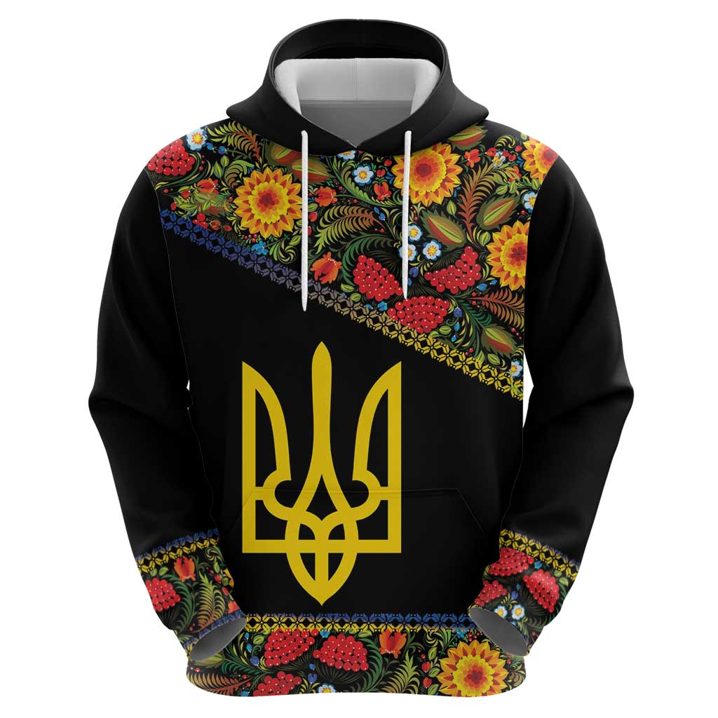Petrykivka Ukrainian Folk Pattern Hoodie Golden Trident With Map LT18