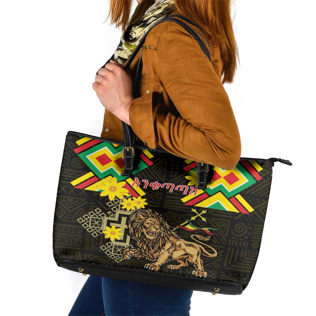Ethiopia Enkutatash Lion of Judah Leather Tote Bag With Folk Pattern LT18
