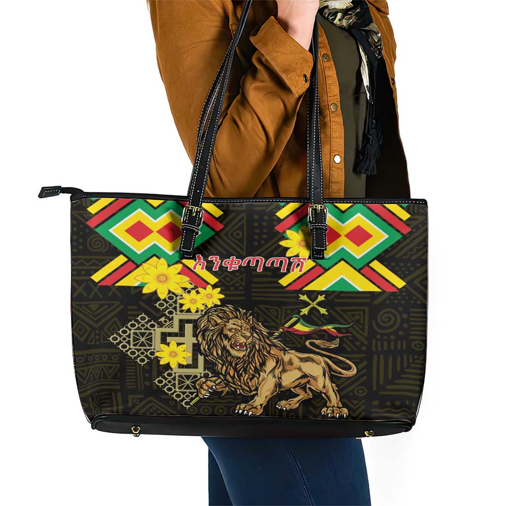 Ethiopia Enkutatash Lion of Judah Leather Tote Bag With Folk Pattern LT18