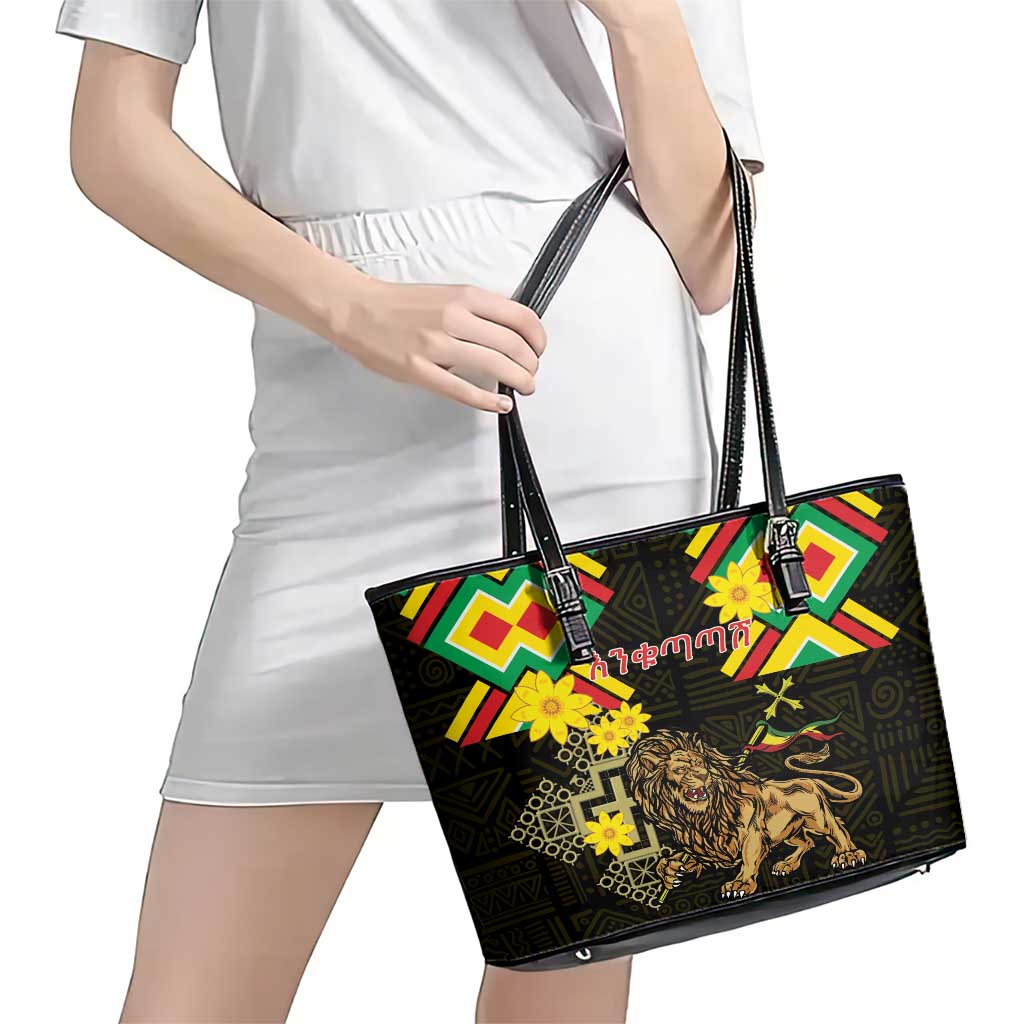 Ethiopia Enkutatash Lion of Judah Leather Tote Bag With Folk Pattern LT18