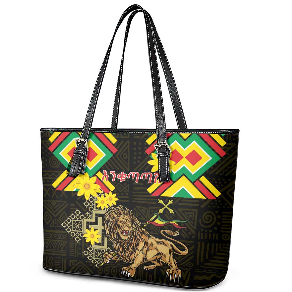 Ethiopia Enkutatash Lion of Judah Leather Tote Bag With Folk Pattern LT18