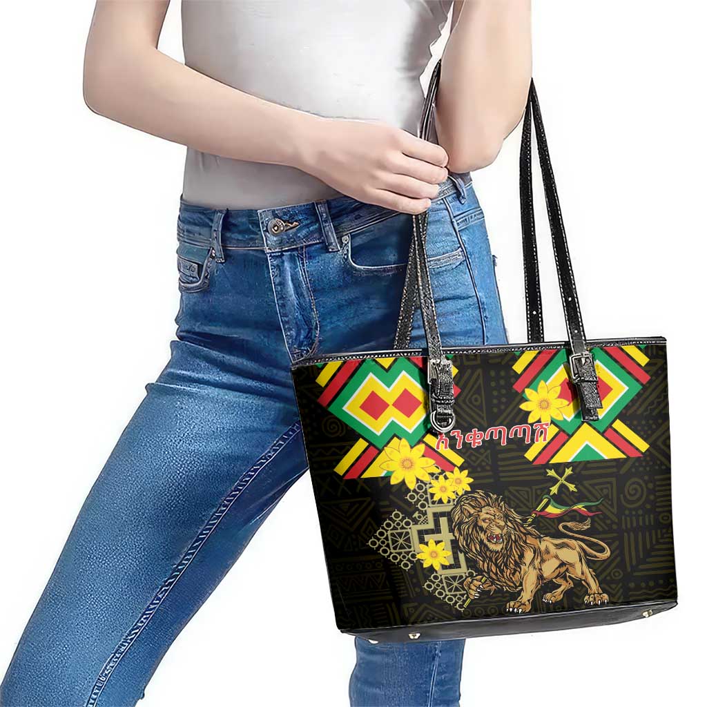 Ethiopia Enkutatash Lion of Judah Leather Tote Bag With Folk Pattern LT18