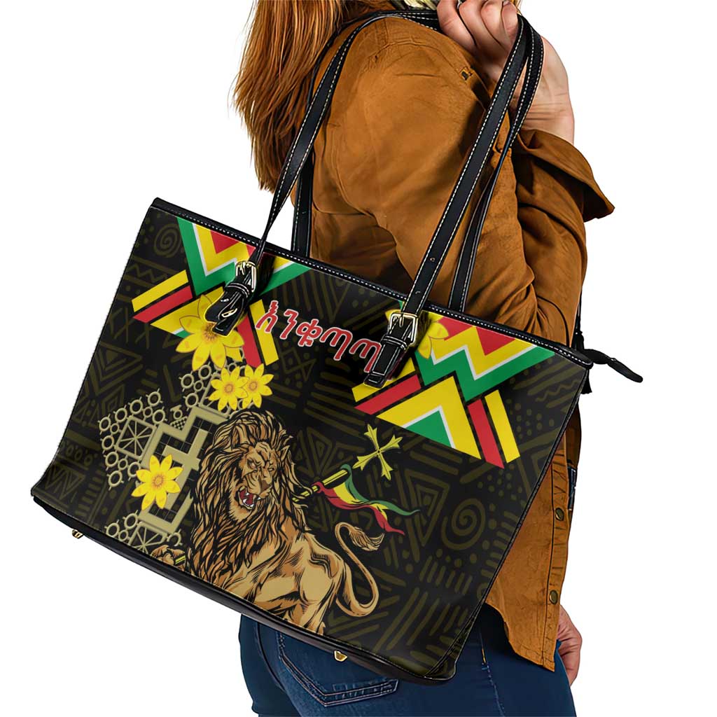 Ethiopia Enkutatash Lion of Judah Leather Tote Bag With Folk Pattern LT18