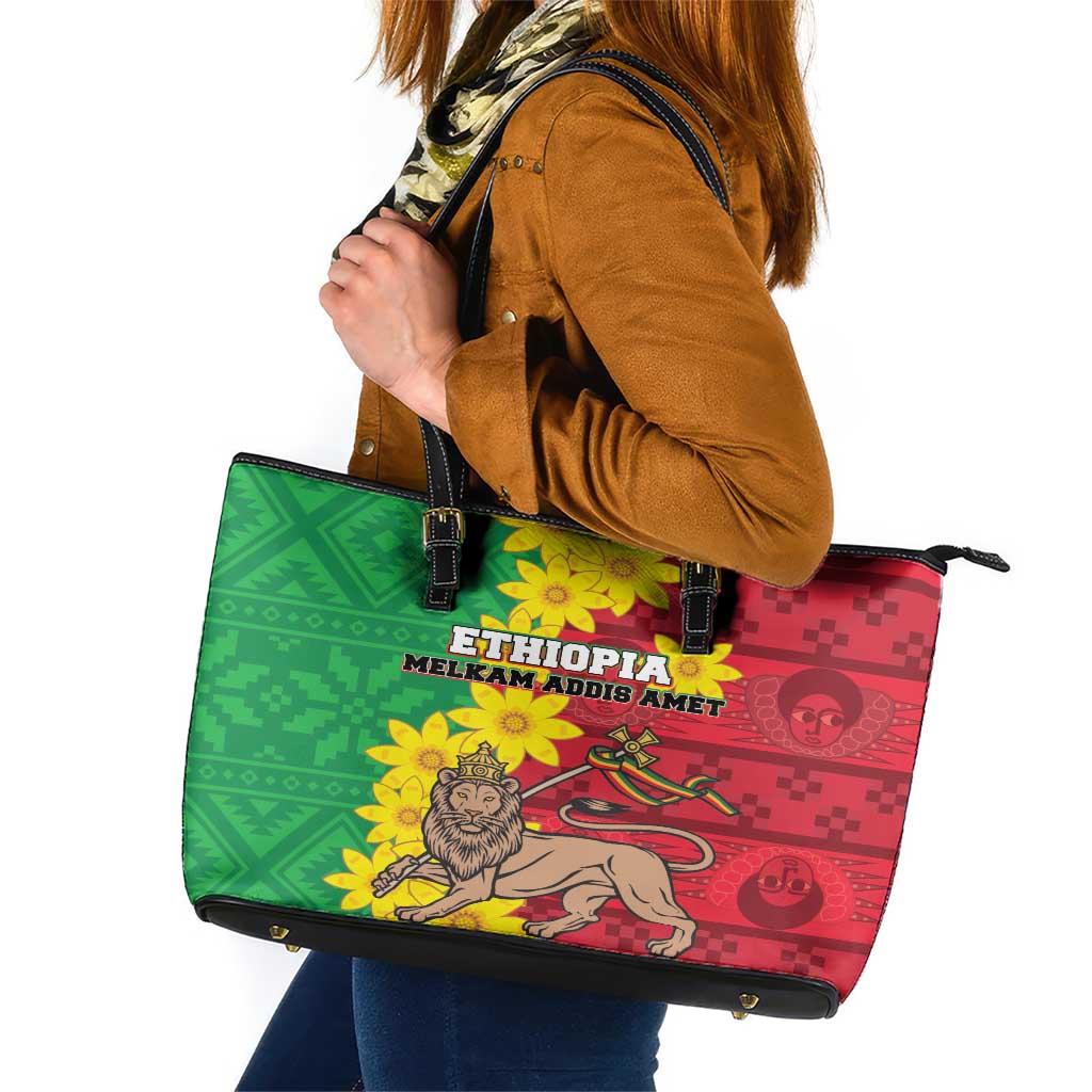 Ethiopia Enkutatash Melkam Addis Amet Leather Tote Bag With Bidens Macroptera LT18