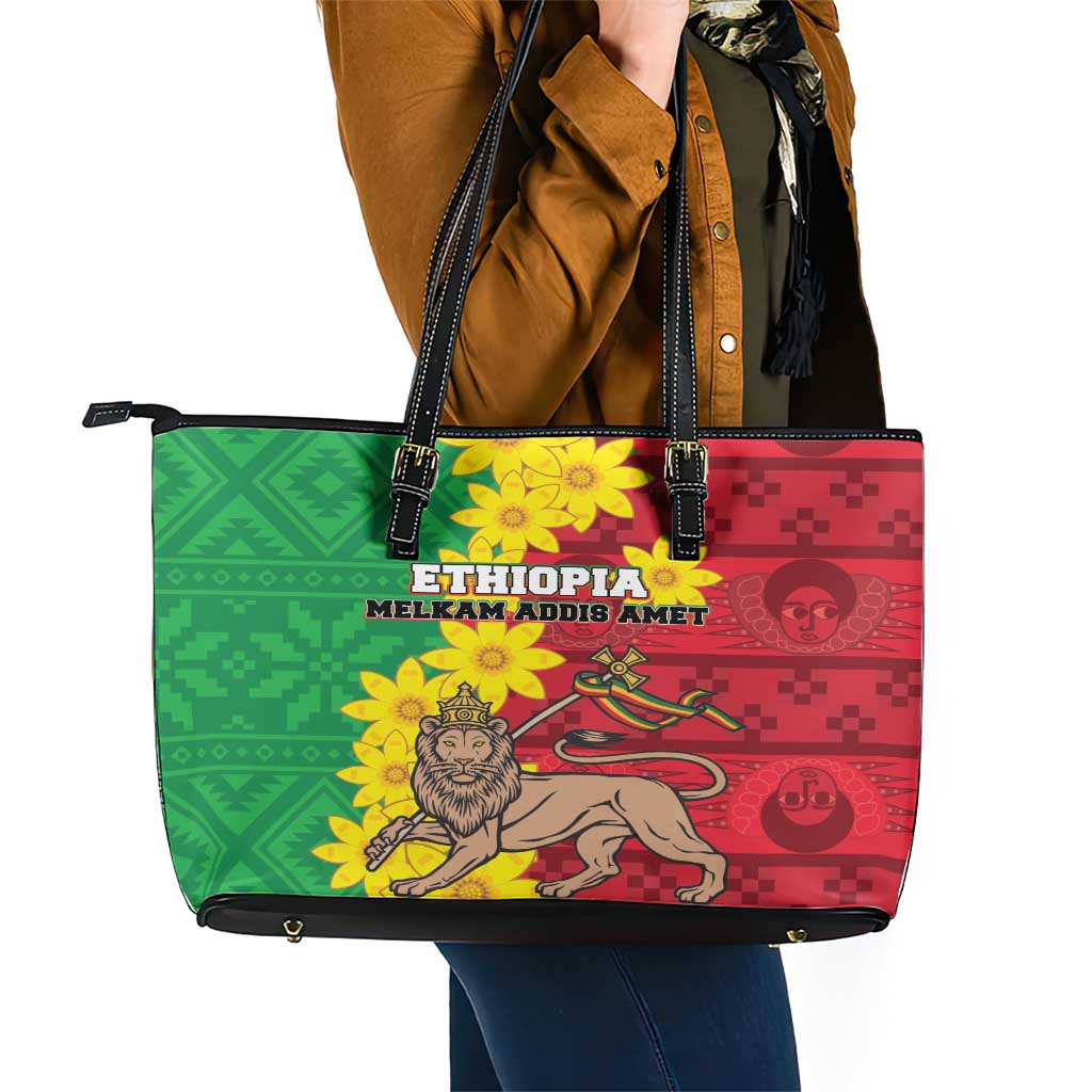 Ethiopia Enkutatash Melkam Addis Amet Leather Tote Bag With Bidens Macroptera LT18