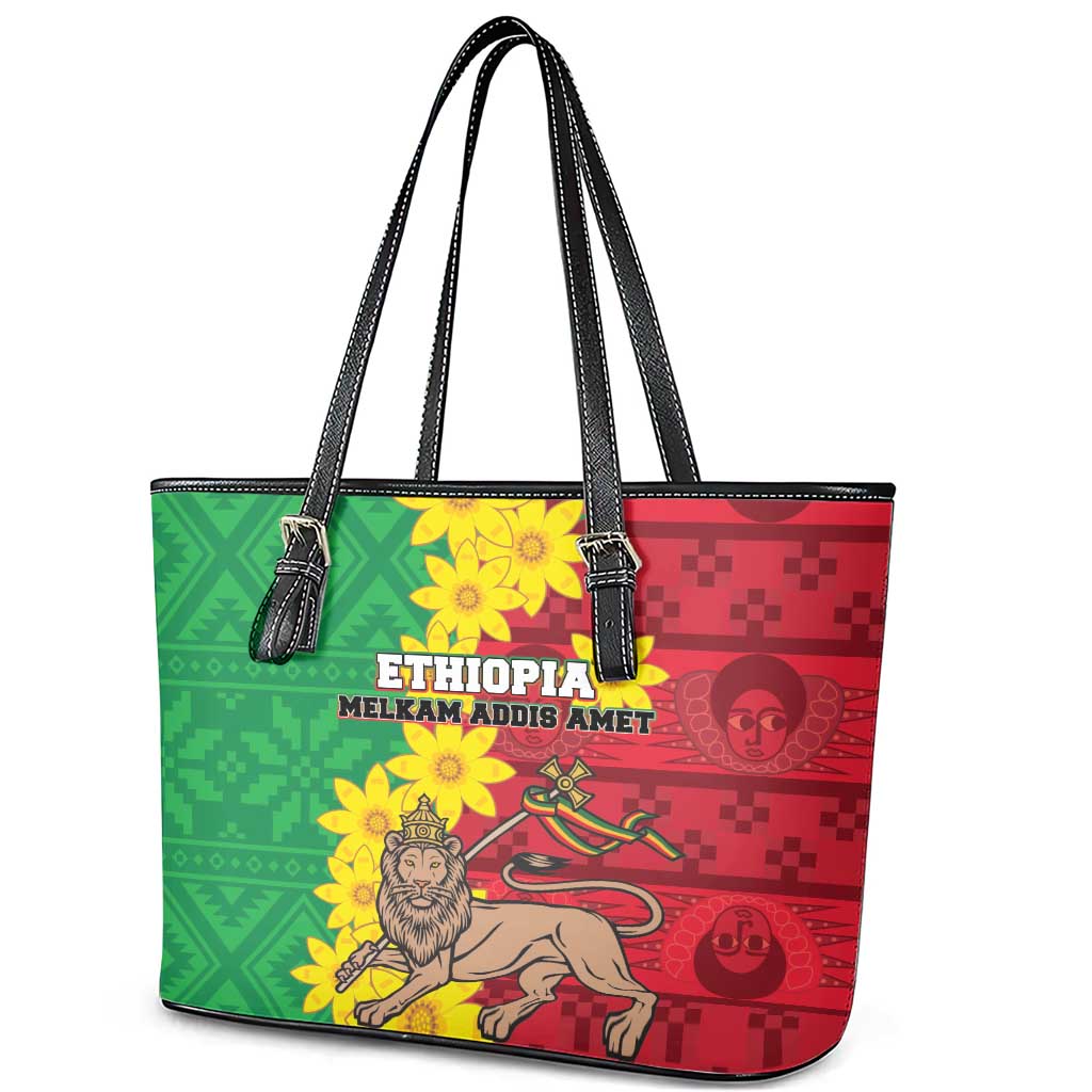 Ethiopia Enkutatash Melkam Addis Amet Leather Tote Bag With Bidens Macroptera LT18