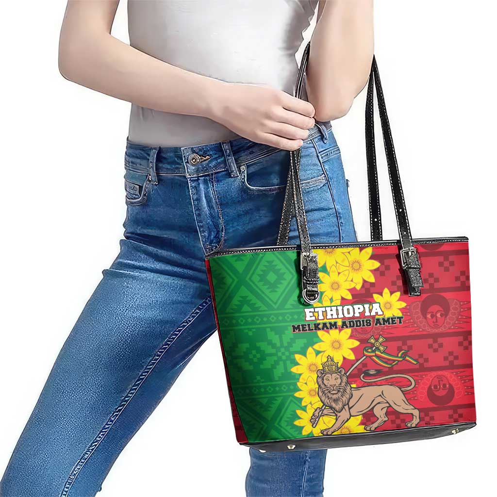 Ethiopia Enkutatash Melkam Addis Amet Leather Tote Bag With Bidens Macroptera LT18