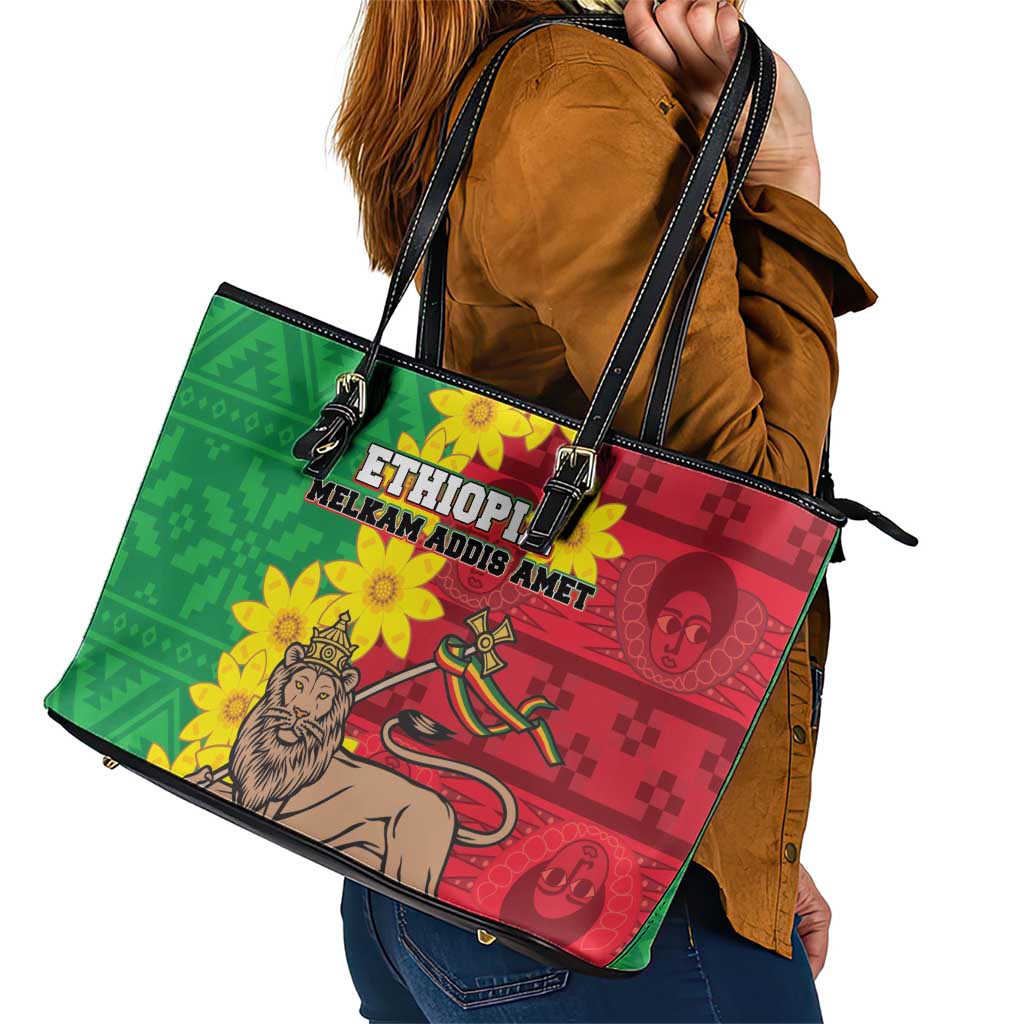 Ethiopia Enkutatash Melkam Addis Amet Leather Tote Bag With Bidens Macroptera LT18