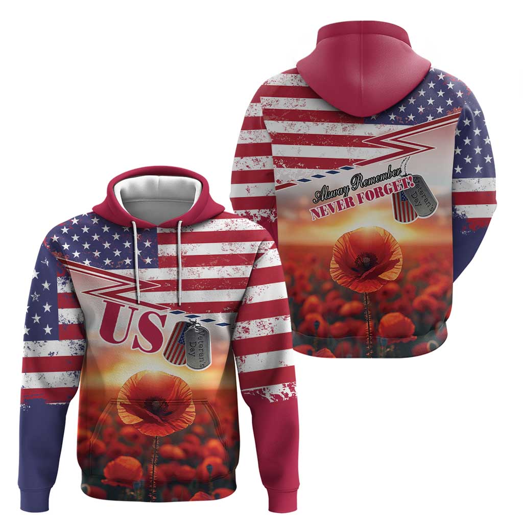 USA Veterans Day Hoodie Poppy Flowers With Flag Grunge LT18