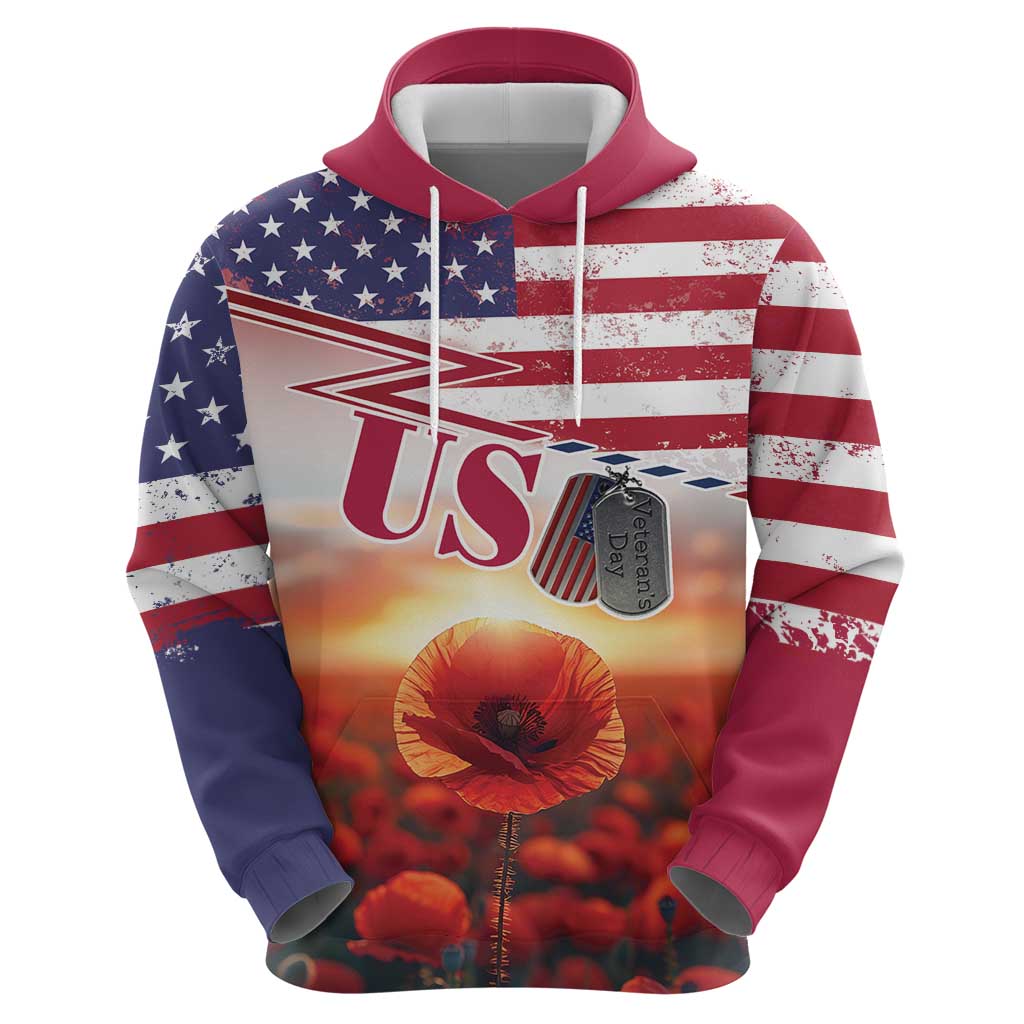 USA Veterans Day Hoodie Poppy Flowers With Flag Grunge LT18