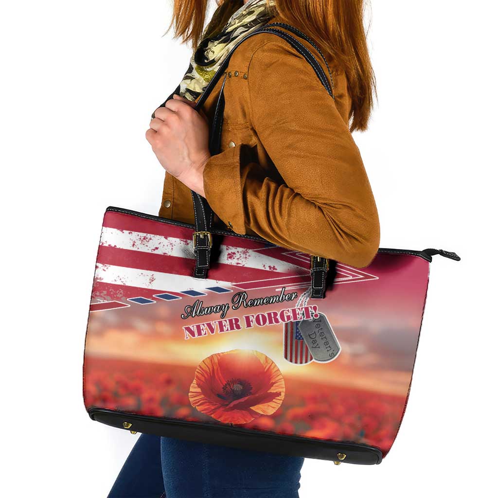 USA Veterans Day Leather Tote Bag Poppy Flowers With Flag Grunge LT18