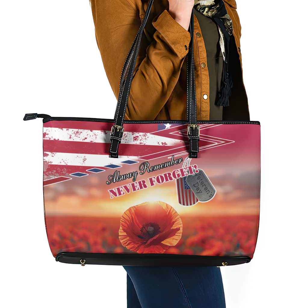 USA Veterans Day Leather Tote Bag Poppy Flowers With Flag Grunge LT18