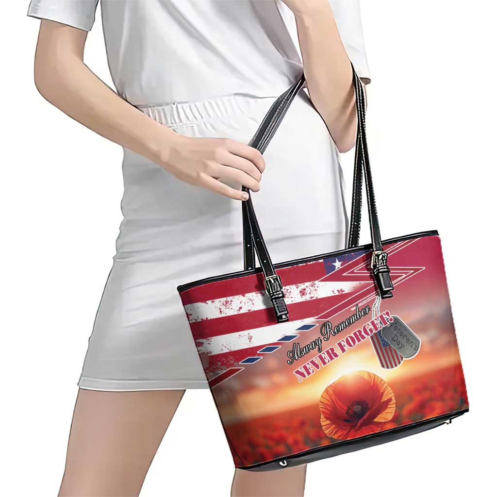 USA Veterans Day Leather Tote Bag Poppy Flowers With Flag Grunge LT18