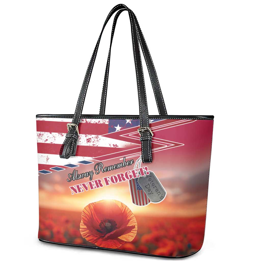 USA Veterans Day Leather Tote Bag Poppy Flowers With Flag Grunge LT18