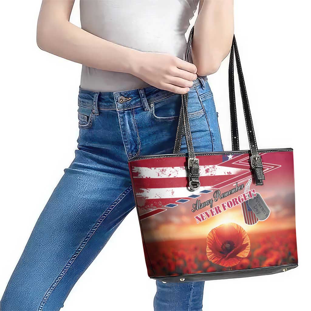USA Veterans Day Leather Tote Bag Poppy Flowers With Flag Grunge LT18