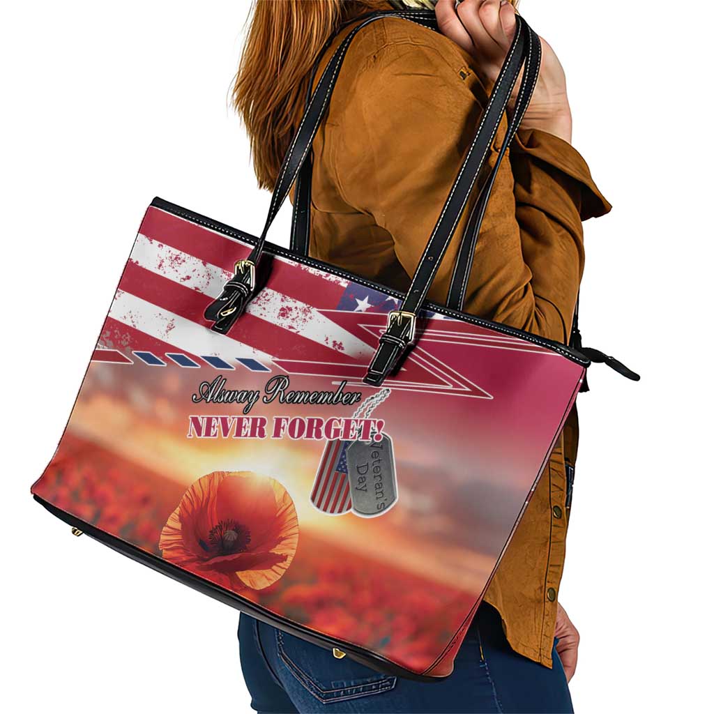 USA Veterans Day Leather Tote Bag Poppy Flowers With Flag Grunge LT18