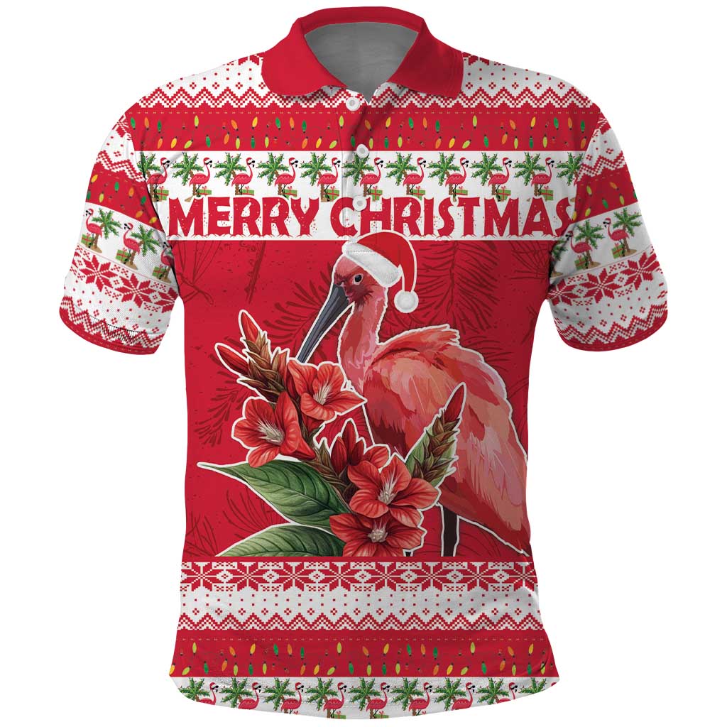 Personalized Trinidad and Tobago Christmas Polo Shirt Scarlet Ibis with Chaconia Flowers LT18