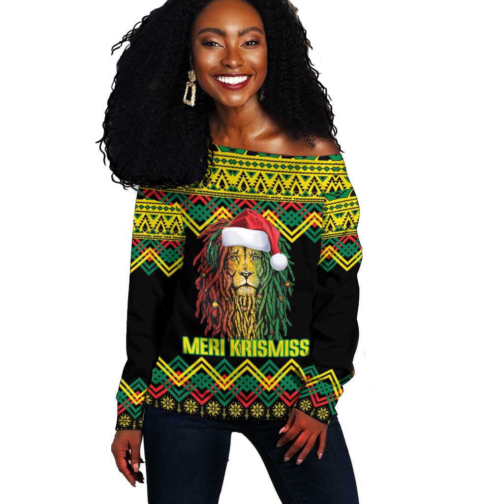 Black Jamaican Christmas Off Shoulder Sweater Reggae Lion With Kente Pattern LT18