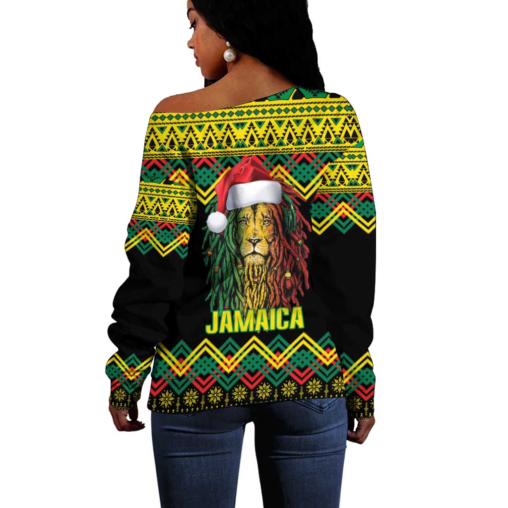 Black Jamaican Christmas Off Shoulder Sweater Reggae Lion With Kente Pattern LT18