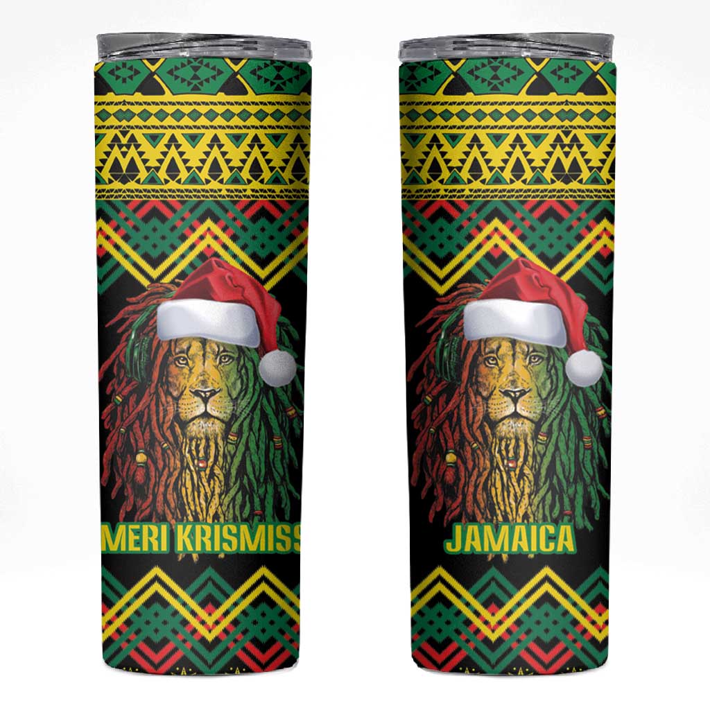 Black Jamaican Christmas Skinny Tumbler Reggae Lion With Kente Pattern LT18