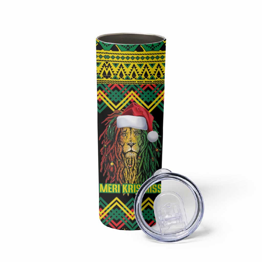 Black Jamaican Christmas Skinny Tumbler Reggae Lion With Kente Pattern LT18