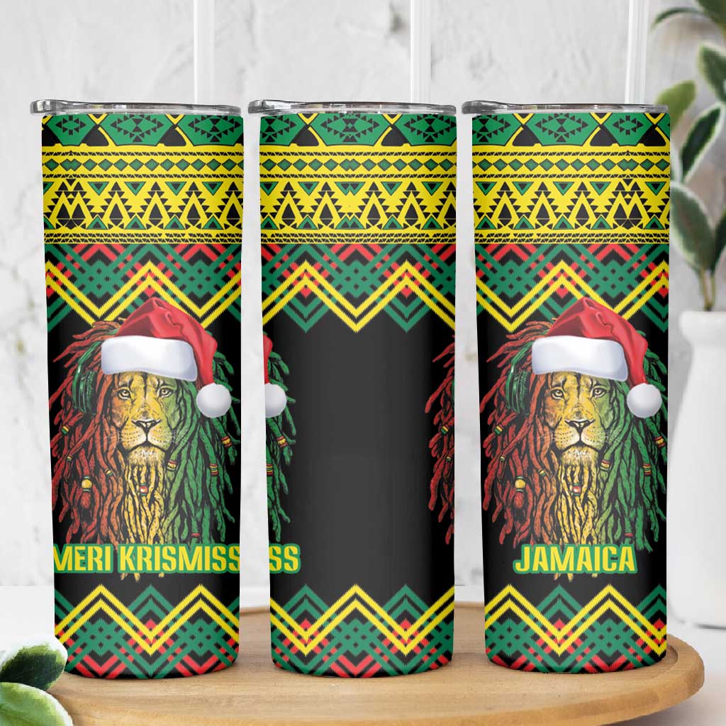 Black Jamaican Christmas Skinny Tumbler Reggae Lion With Kente Pattern LT18