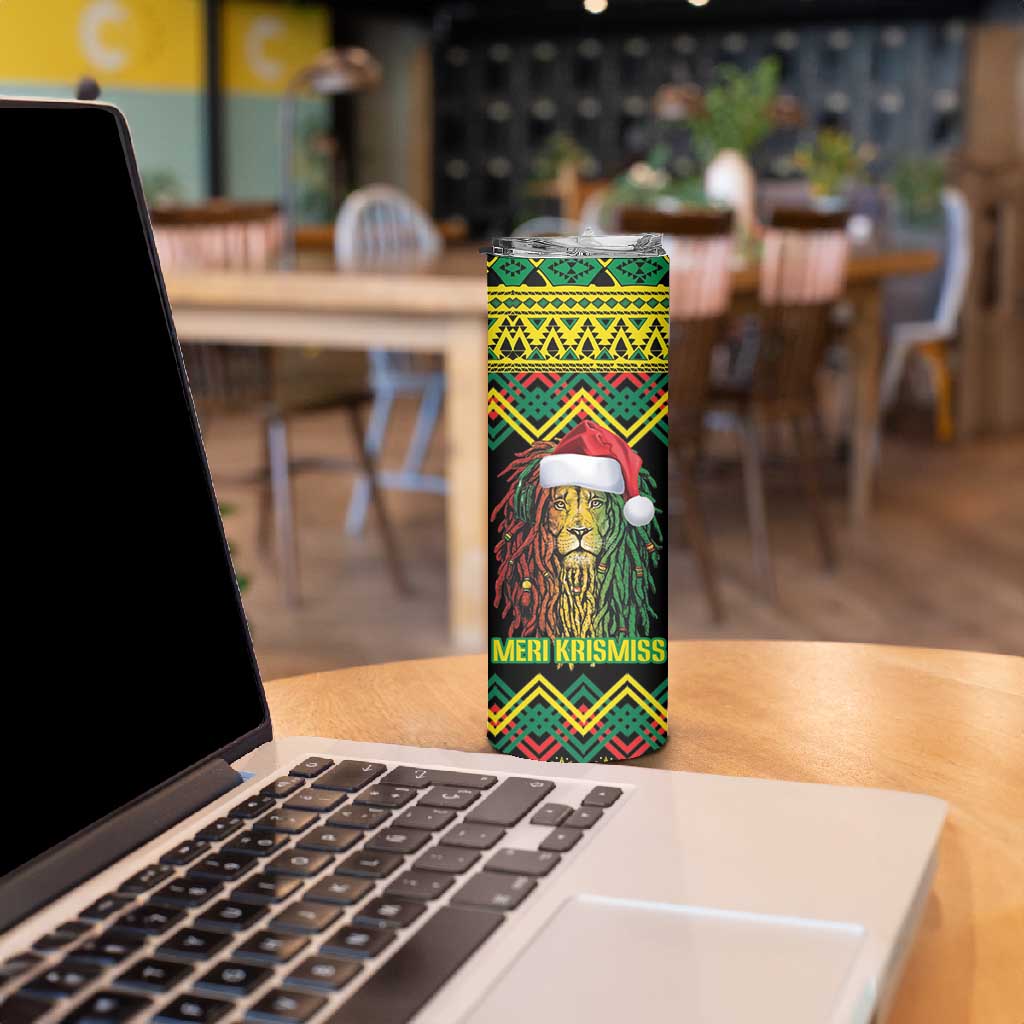 Black Jamaican Christmas Skinny Tumbler Reggae Lion With Kente Pattern LT18