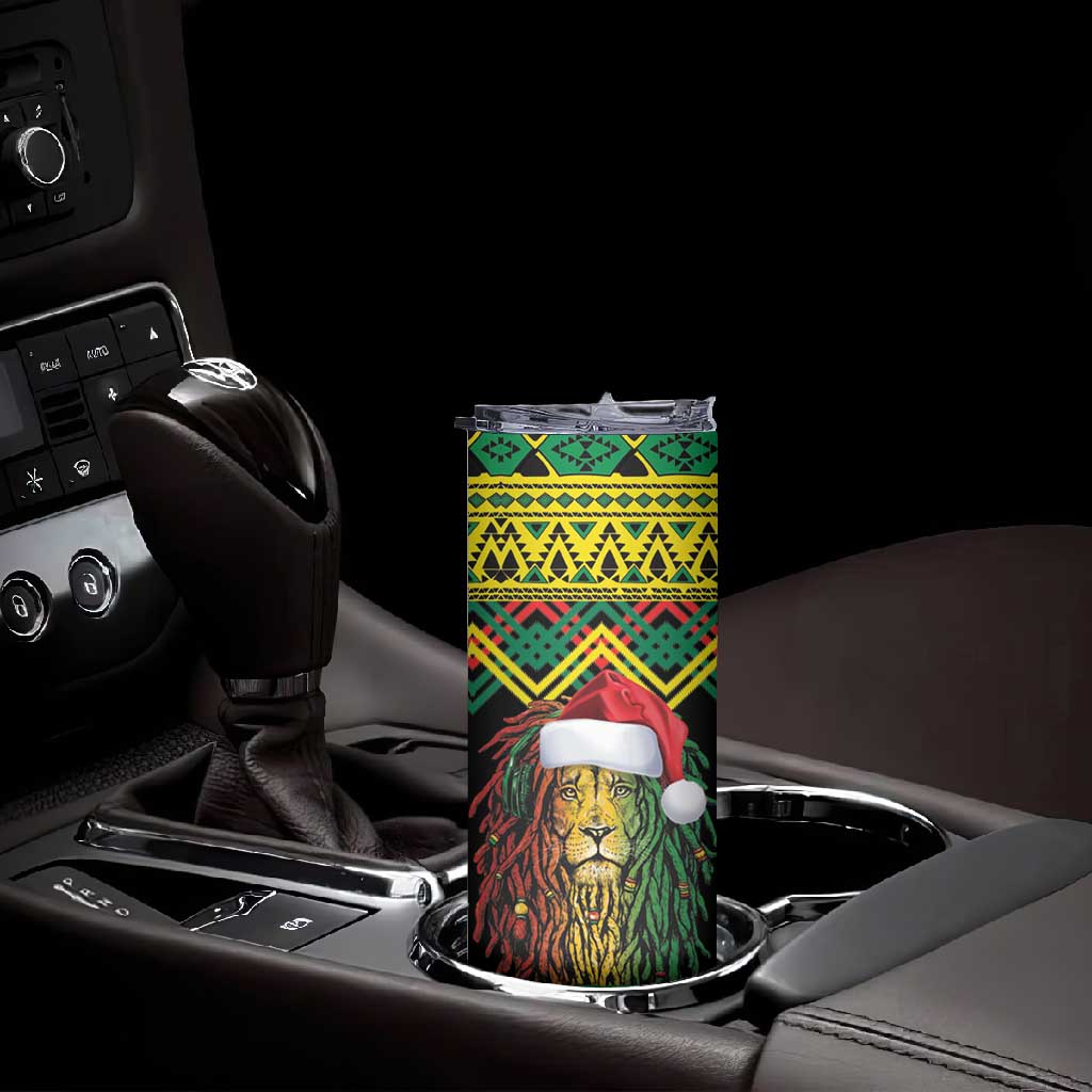 Black Jamaican Christmas Skinny Tumbler Reggae Lion With Kente Pattern LT18