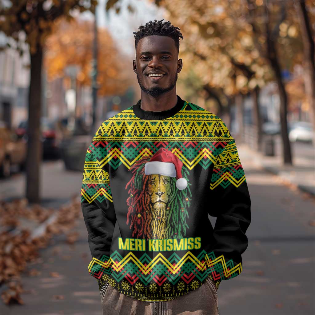 Black Jamaican Christmas Sweatshirt Reggae Lion With Kente Pattern LT18