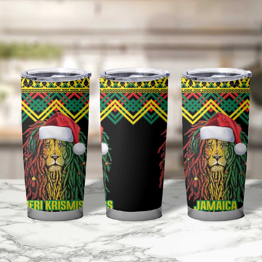 Black Jamaican Christmas Tumbler Cup Reggae Lion With Kente Pattern LT18