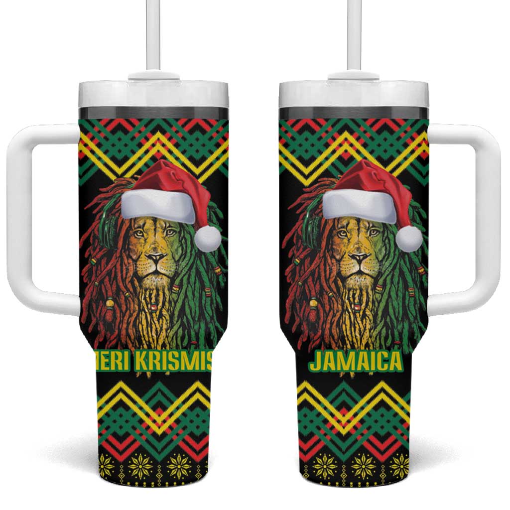 Black Jamaican Christmas Tumbler With Handle Reggae Lion With Kente Pattern LT18