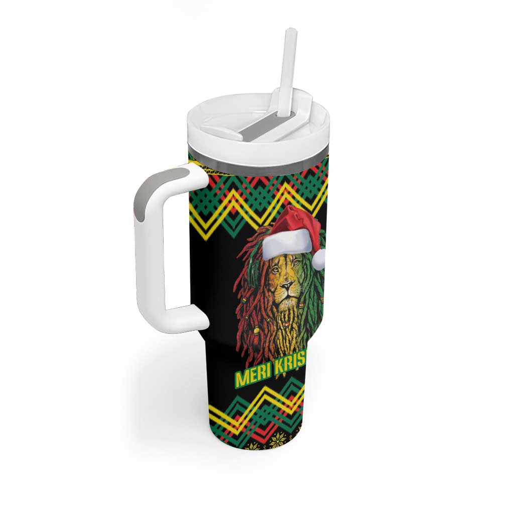 Black Jamaican Christmas Tumbler With Handle Reggae Lion With Kente Pattern LT18