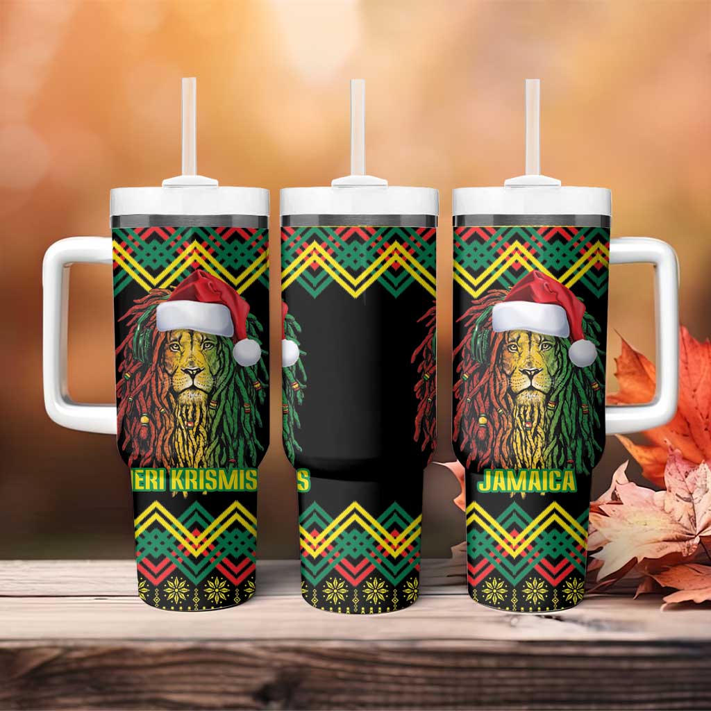 Black Jamaican Christmas Tumbler With Handle Reggae Lion With Kente Pattern LT18