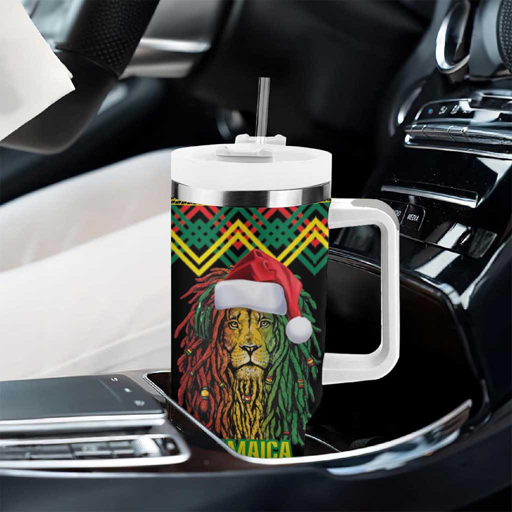 Black Jamaican Christmas Tumbler With Handle Reggae Lion With Kente Pattern LT18