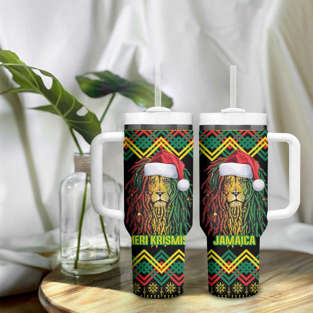 Black Jamaican Christmas Tumbler With Handle Reggae Lion With Kente Pattern LT18