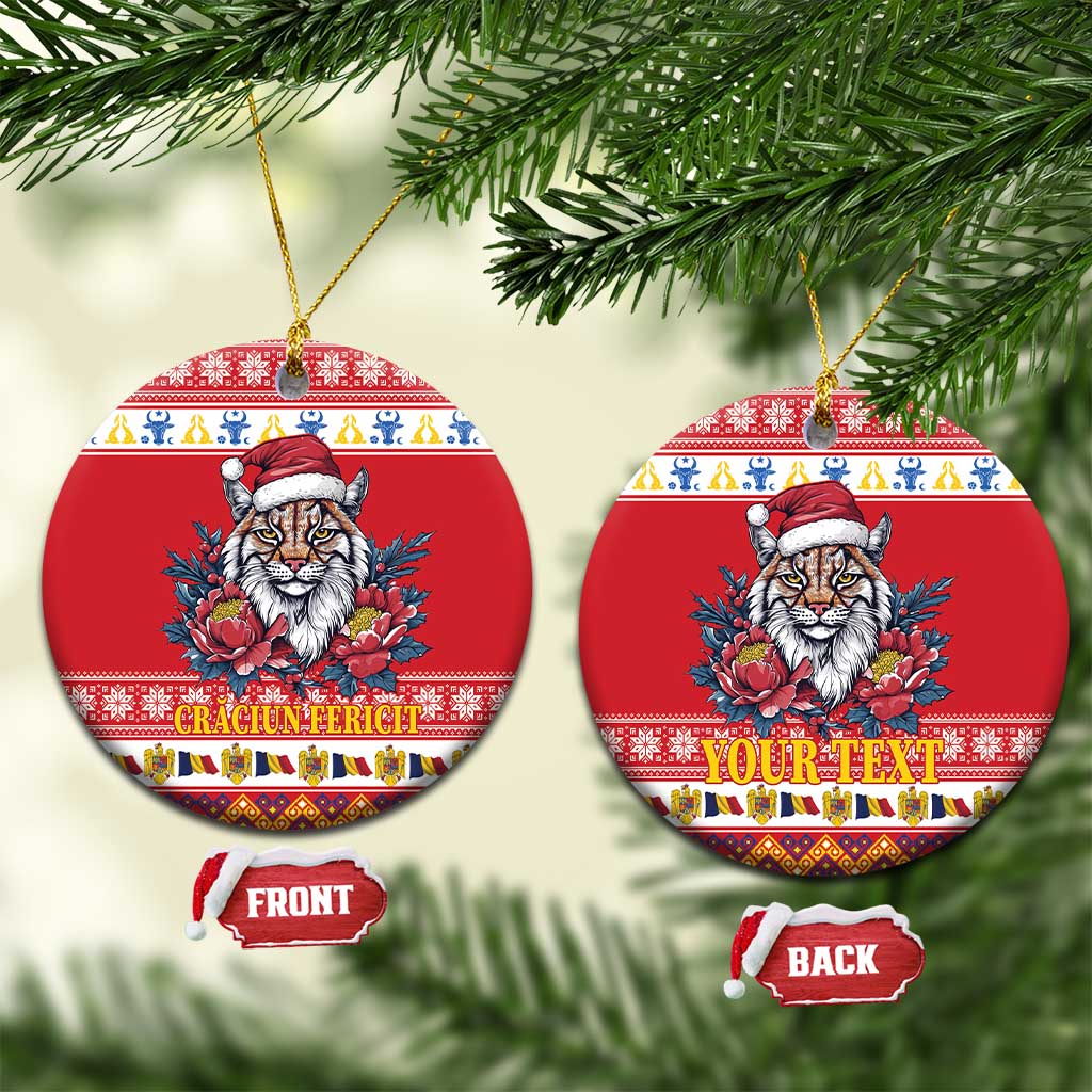 Personalized Romania Christmas Ceramic Ornament Eurasian Lynx With Peony Flowers LT18
