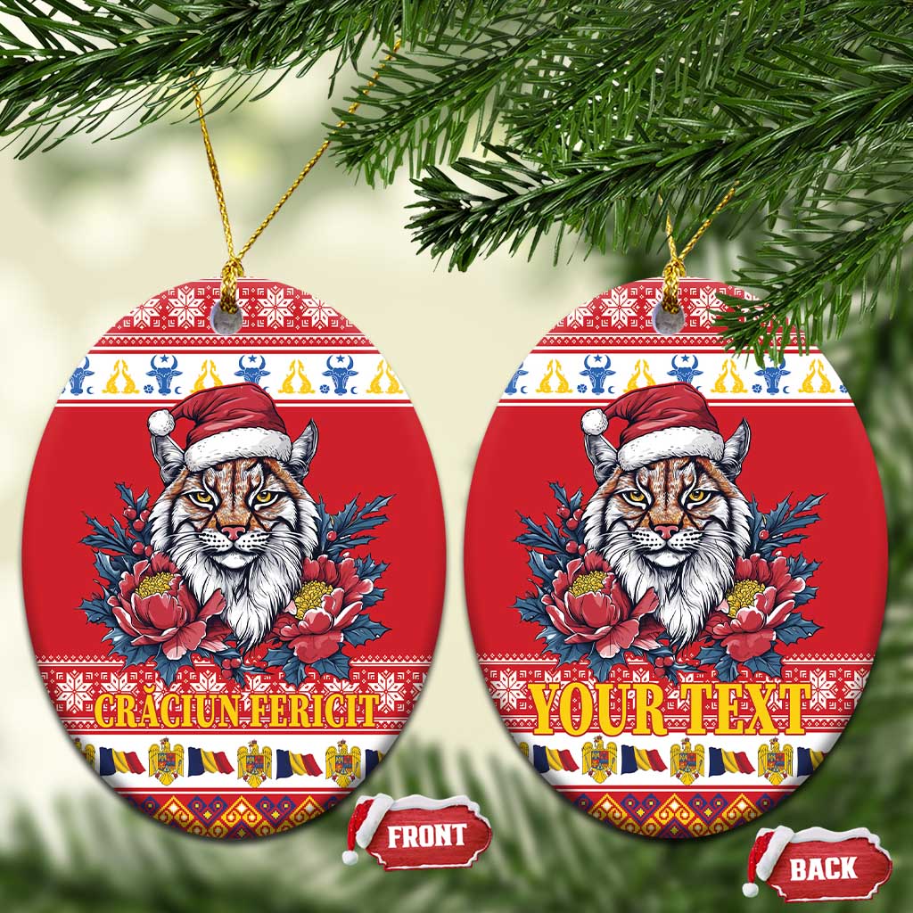 Personalized Romania Christmas Ceramic Ornament Eurasian Lynx With Peony Flowers LT18