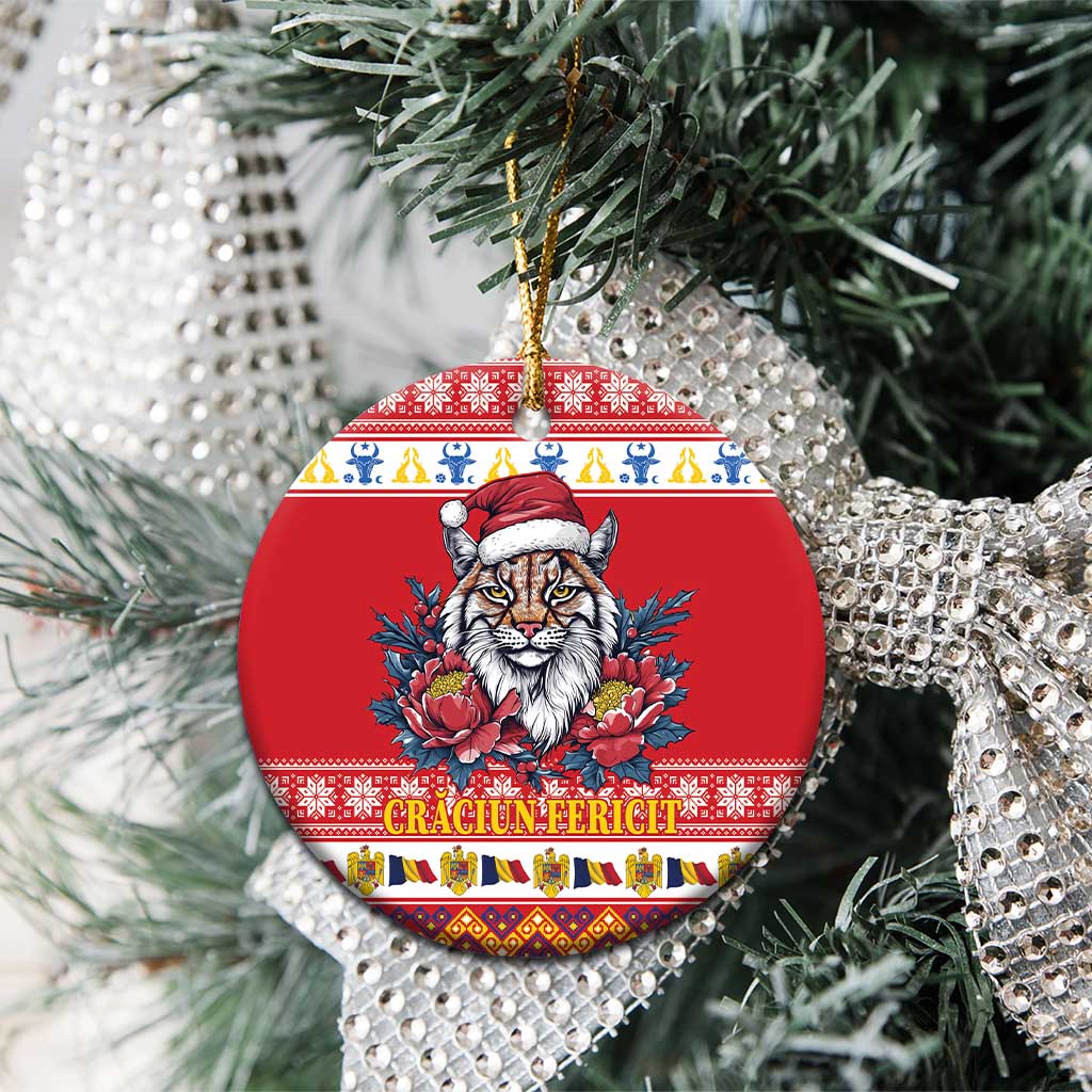 Personalized Romania Christmas Ceramic Ornament Eurasian Lynx With Peony Flowers LT18