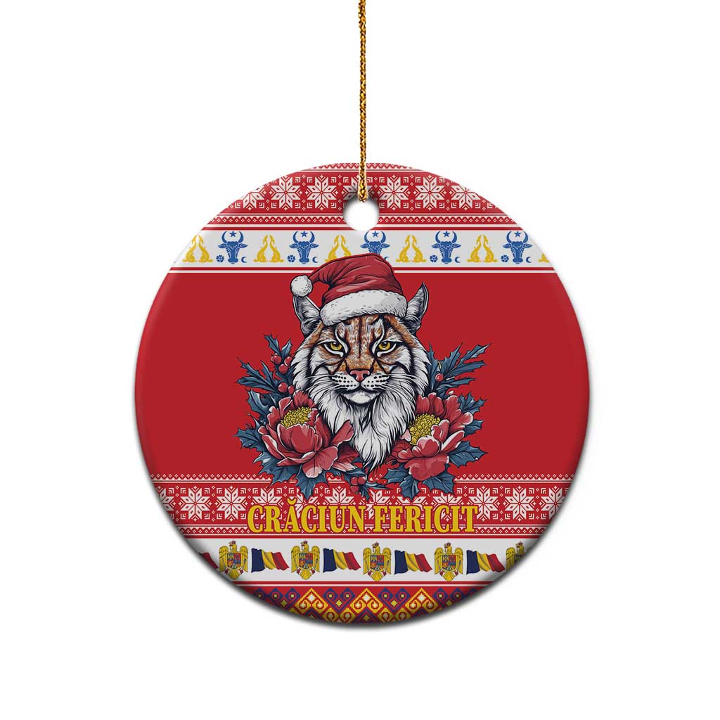 Personalized Romania Christmas Ceramic Ornament Eurasian Lynx With Peony Flowers LT18