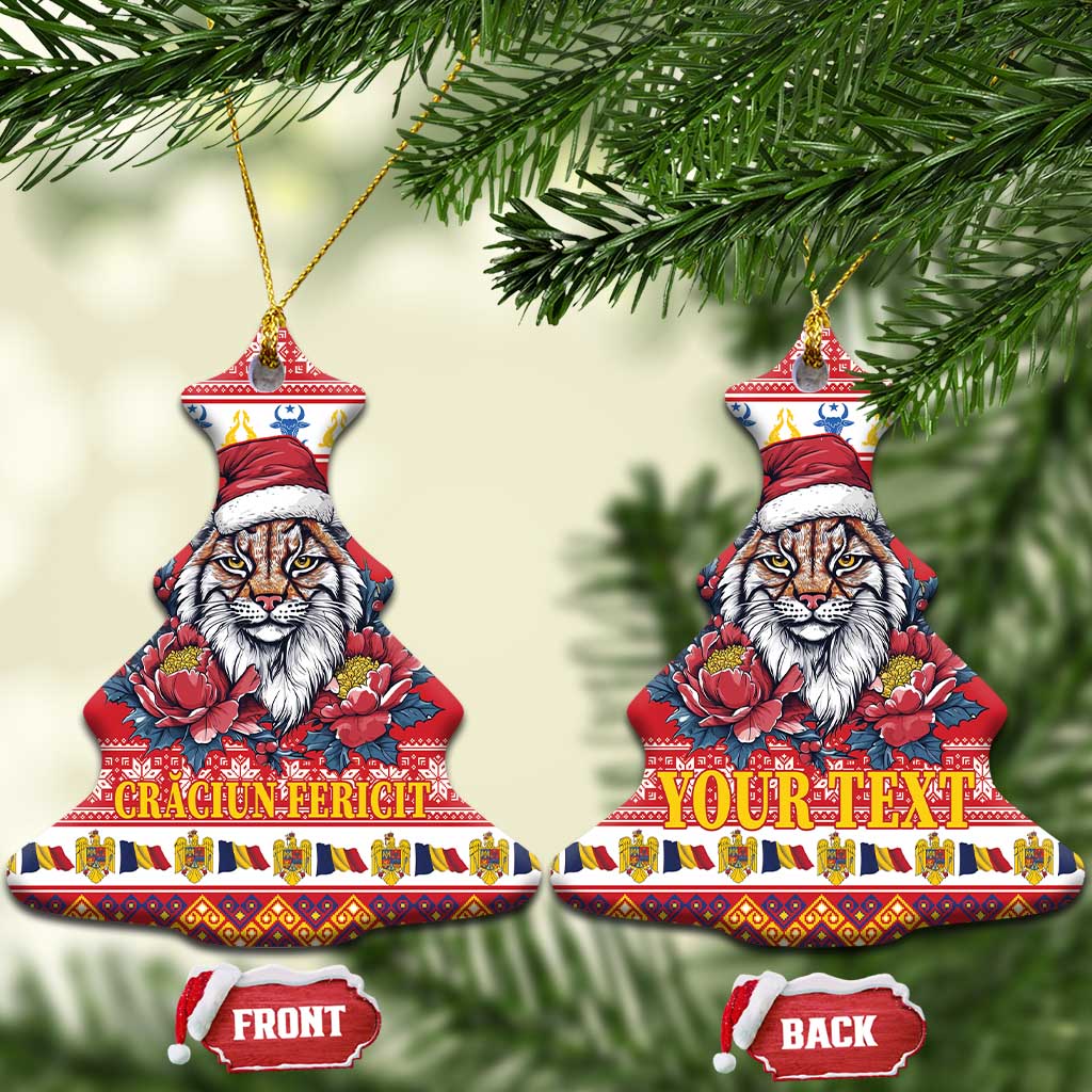 Personalized Romania Christmas Ceramic Ornament Eurasian Lynx With Peony Flowers LT18