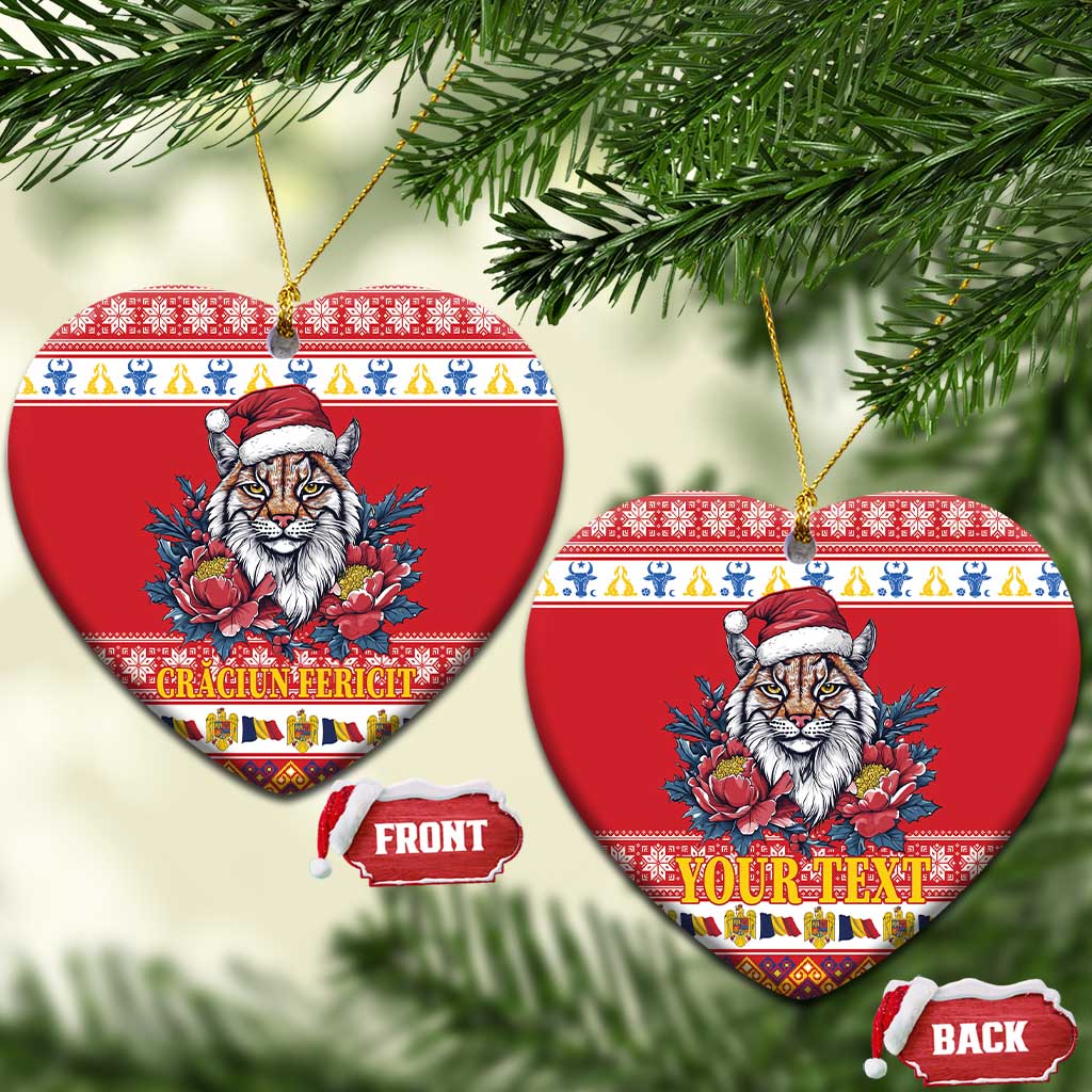 Personalized Romania Christmas Ceramic Ornament Eurasian Lynx With Peony Flowers LT18